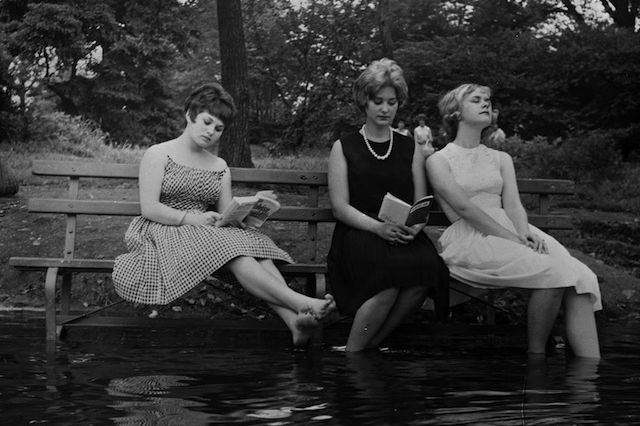 PUT A BENCH IN THE CENTRAL PARK LAKE: "1961. Three women keep cool during a heat wave by moving a park bench into the water in Central Park."